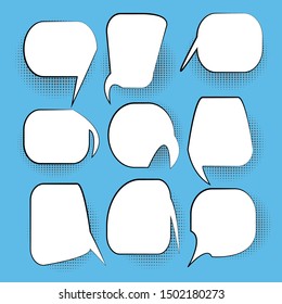 Set of empty comic speech bubbles collection, different shapes with halftone dot shadows. Speech doodle set  space for text. Creative, apps and websites.  on blue background  - vector illustration
