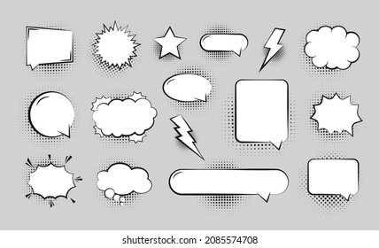 Set of empty comic speech bubbles different shapes with halftone shadows. Vintage design, pop art style. Vector illustration