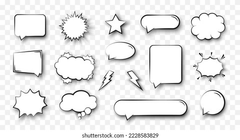 Set of empty comic speech bubbles different shapes. Collection of blank comic speech bubbles on transparent background. Vintage design, pop art style. Vector illustration