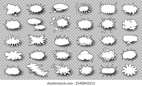 Set of empty comic speech bubbles isolated on transparent background. Halftone shadows, vintage design, pop art style. Vector templates for comics book , social media banners