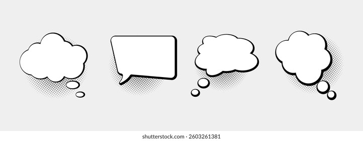 Set of empty comic speech bubbles with black halftone shadow on white background. Thinking bubbles, hand drawn pop art and vintage speech clouds design. Vector illustration