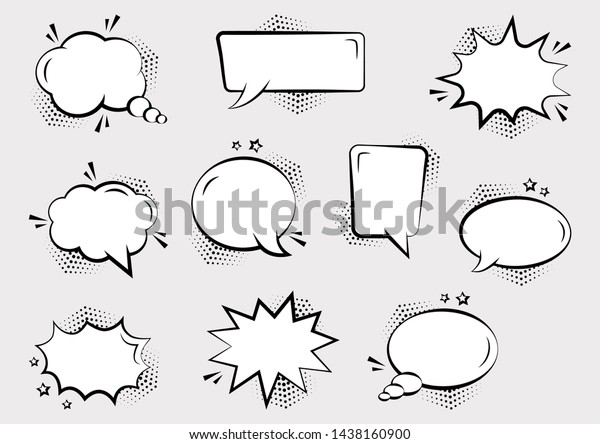 Set of empty comic speech bubbles\
different shapes with halftone shadows and stars, hand drawn. Sound\
effects in pop art style. Vector\
illustration