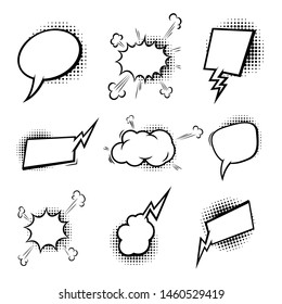 Set of empty comic style speech bubbles with halftone shadows. Design element for poster, emblem, sign, banner, flyer. Vector illustration