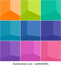 Leere Ecke des Zimmers mit bunten Wänden und Böden, verschiedenen Wänden und Böden, Vektorillustration