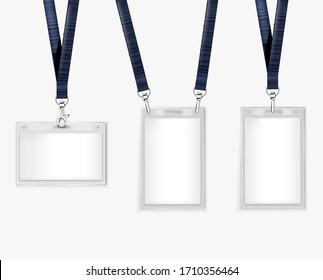 set  of empty corporate id card  isolated vector illustration. Blank plastic access card, name tag holder with pin ribbon, corporate card key, personal security badge, press event pass template.
