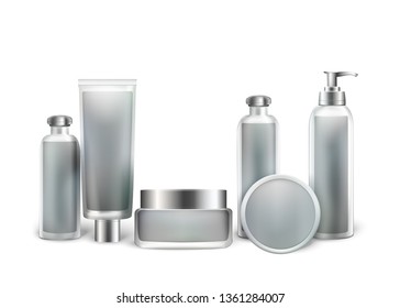 Set of Empty Cosmetic Glass and Plastic Bottles for Beauty Products Isolated on White Background. Package Container Collection for Cream, Foam, Shampoo, Oil, Balm. 3D Vector Realistic Illustration