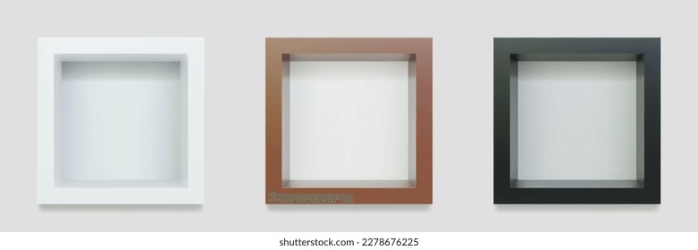 Conjunto de estanterías vacías o nichos de cubo en la pared blanca de la maqueta 3D. Compra, galería de plástico o vitrina de madera para presentar el producto. Espacio de almacenamiento comercial en blanco. Mobiliario de diseño interior. Librería de salón