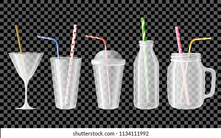 Set of empty cups, jars , bottles, glasses for cocktails, juices and smoothies. Transparent bottles, cups, jars and bottles with straws.  Isolated. Vector illustration