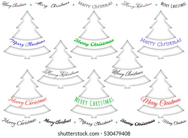 Set empty cut christmas tree of Merry Christmas Paper greeting card, inside shadow, handwritten inscription. Vector