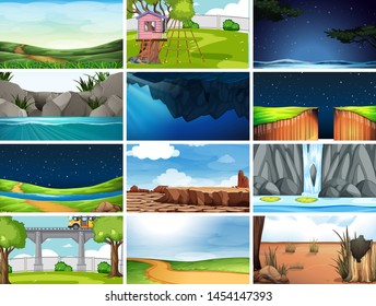 Set of empty day and night nature scenes  illustration