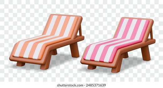 Set of empty deckchairs of different colors. Classic striped beach furniture