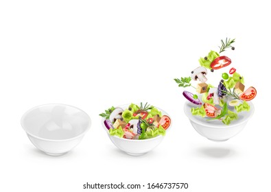Set of empty deep plate with salad from lettuce and fresh vegetables and tossed salad in a plate. Vector 3d realistic dynamic composition isolated on white background.