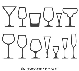 Set of empty different shapes wine glasses icons isolated on white background.