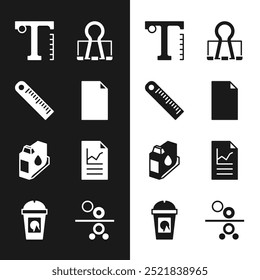 Set Empty document, Ruler, Text, Binder clip, Printer ink cartridge, Document with graph chart, Paper roll of printing press and Coffee cup to go icon. Vector