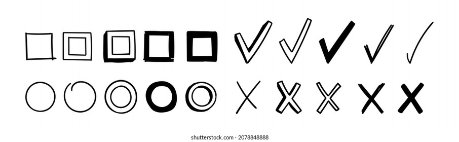 Set of empty doodle circles and boxes with check marks and crosses. Hand drawn isolated vector illustration of checkmarks of different scribble shapes and silhouettes.