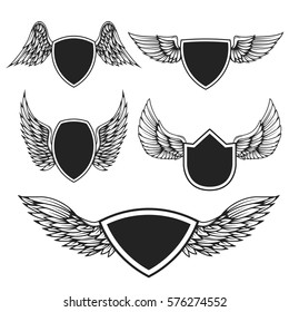 Set of the empty emblems with wings. Design elements for logo, label, badge, sign. Vector illustration