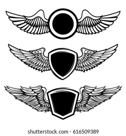 Set of the empty emblems with wings. Design elements for logo, label, badge, sign. Vector illustration