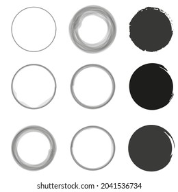 Set of empty and filled gray circle brush stroke. Hand drawn ink art. White backdrop. Vector illustration. Stock image