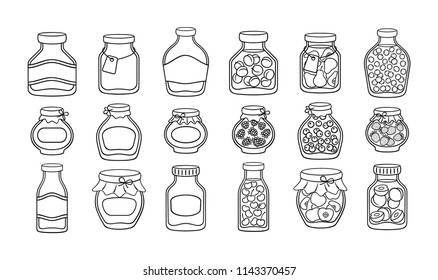 Set of empty and filled jars. Set of line icons.