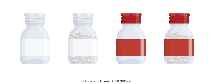 Set of empty and filled transparent medicine bottles. Medical boxes for pills, syrops. Flat style vector objects isolated on white background