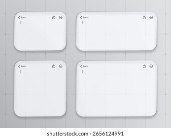 Set of empty floating notes and back button on a textured background. Customizable user interface for mobile app design.