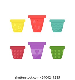 Set of empty flower pots in crimson, purple, green, yellow, pink, turquoise colors. Flat vector illustration on white background, eps 10.