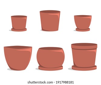 Set of empty flower pots. Garden pots. Vector illustrations isolated on white background. 