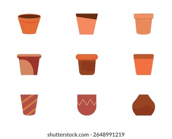 A set of empty flower pots with a vector design illustration highlighted on white, differently colored pots