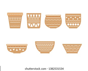 Set of empty flowerpots isolated on white background. Flowerpots with cute ornament. Gardening, horticulture concept. 