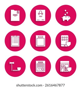 Set Empty form, Filled, Shopping building with shield, Smartphone insurance, Judge gavel, Clipboard checklist, Piggy bank coin and Personal folder icon. Vector