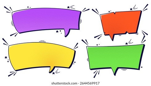 Set with empty four color comic speech bubbles with halftone elements.