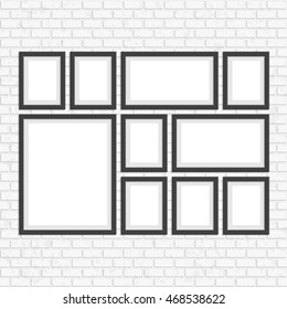 Set of empty frames in a room against a white, vintage brick wall. Photo art gallery on masonry wall. Interior mock up concept for your project. Seamless background white cube. 