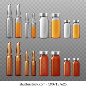 Set of empty and full glass medical ampoules. Transparent containers, vials, bottles for storing drug for injection, vaccine or medicine. Realistic 3d isolated vector illustration.