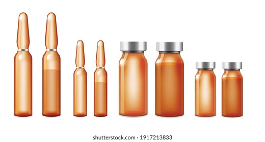 Set of empty and full glass medical ampoules, vials. Bottle with vaccine or container with dose medicine for injection, drug for treatment. Realistic isolated vector illustration