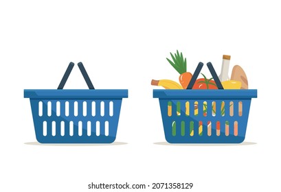 Set of empty and full products shopping basket flat vector illustrations. Natural food, organic fruits and vegetable. Department store goods.