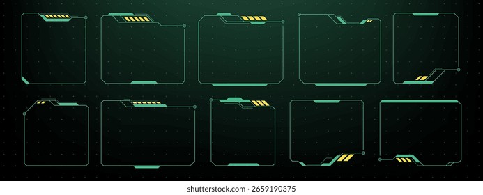 Conjunto de elementos de vetor hud futurista vazios. Design de interface de usuário digital com cores retrô. Quadros de tela de jogo virtual abstratos para exibição técnica e interface da Web.