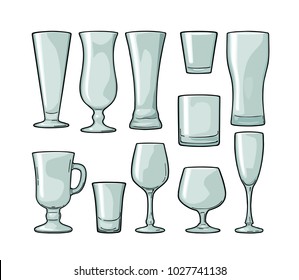 Set empty glass beer, vodka, whiskey, wine, gin, rum, tequila, cognac, champagne, cocktail. Vector engraving color vintage illustration isolated on white background