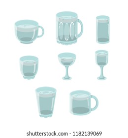 Set empty glass beer, vodka, whiskey, wine, gin, rum, tequila, cognac, champagne, cocktail. Vector engraving color vintage illustration isolated on white background