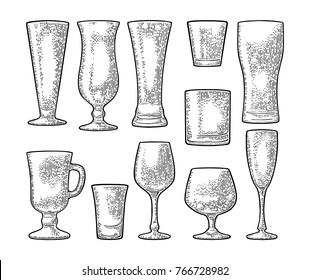 Set empty glass beer, vodka, whiskey, wine, gin, rum, tequila, cognac, champagne, cocktail. Vector engraving black vintage illustration isolated on white background