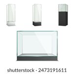 Set of empty glass display cases for exhibition, isolated on white background. Vector illustration