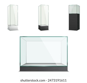 Set of empty glass display cases for exhibition, isolated on white background. Vector illustration