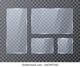 Set of empty glass geometric rectangle banners. Glossy frame template with reflection. Vector illustration isolated on transparent background