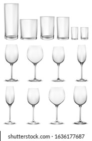 Set of empty glass glasses and wine glasses
