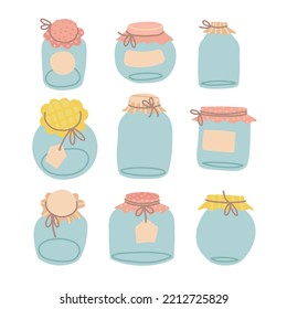 Set of empty glass jars for canning and preserving isolated on white background. Collection of glass different sizes jars with lids in hygge hand drawn style. Flat hand drawn Vector illustration.