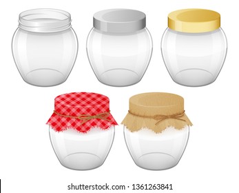 Set of empty glass jars with lid for home made and jam. Realistic style. Vector illustration. Isolated on white.