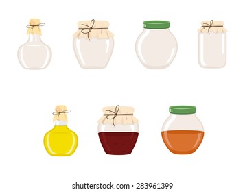 Set Of Empty Glass Jars And Jars With Olive Oil And Jam Isolated On White Background