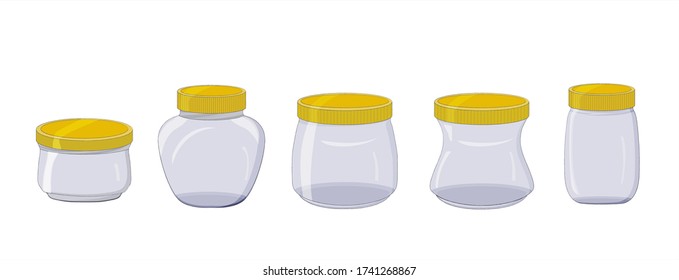 Set of empty glass jars with yellow lids. Isolated objects on a white background.