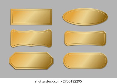 Um conjunto de molduras de ouro vazias isoladas sobre um fundo cinza. Etiquetas de ouro VIP de classe premium, selos de alta qualidade e adesivos, coleção. Ilustração vetorial