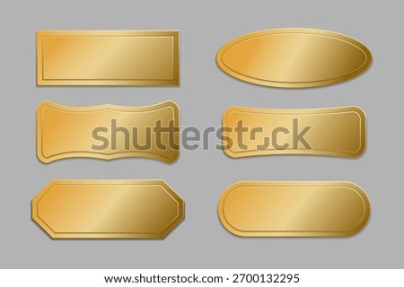 A set of empty gold frames isolated on a gray background. VIP gold labels of premium class, high-quality stamps and stickers, collection. Vector illustration