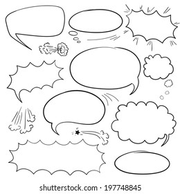 Set of empty graphic black and white comics speech bubbles, vector templates for your text